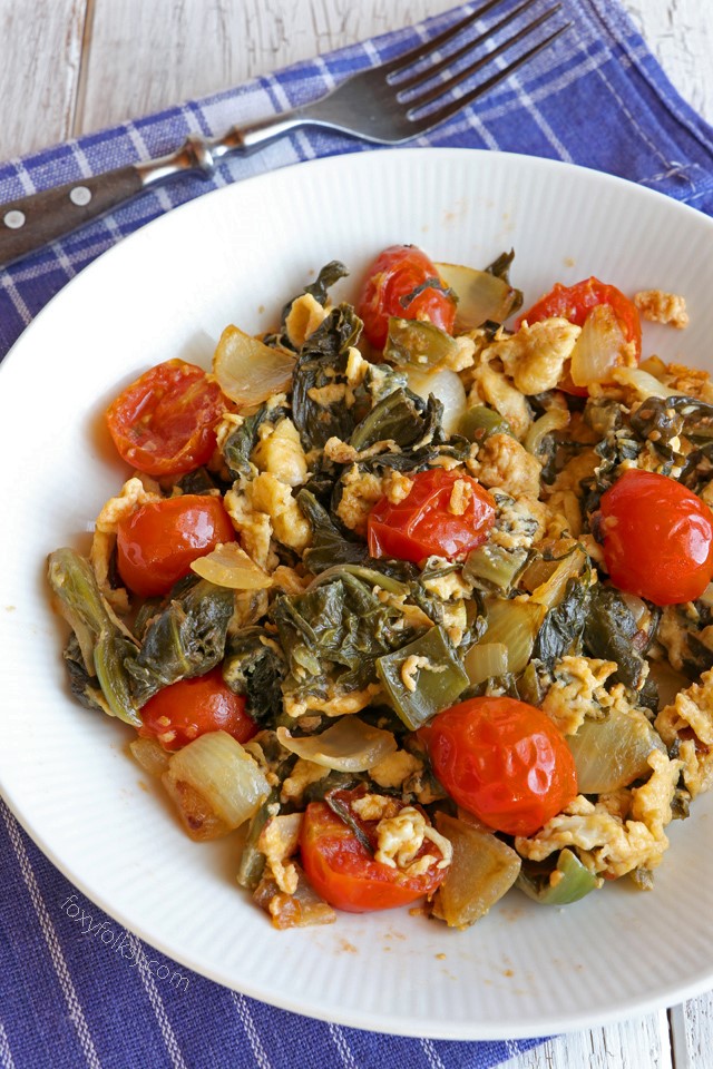 Sauteed Pickled Mustard Greens with Tomatoes and Egg - Foxy Folksy