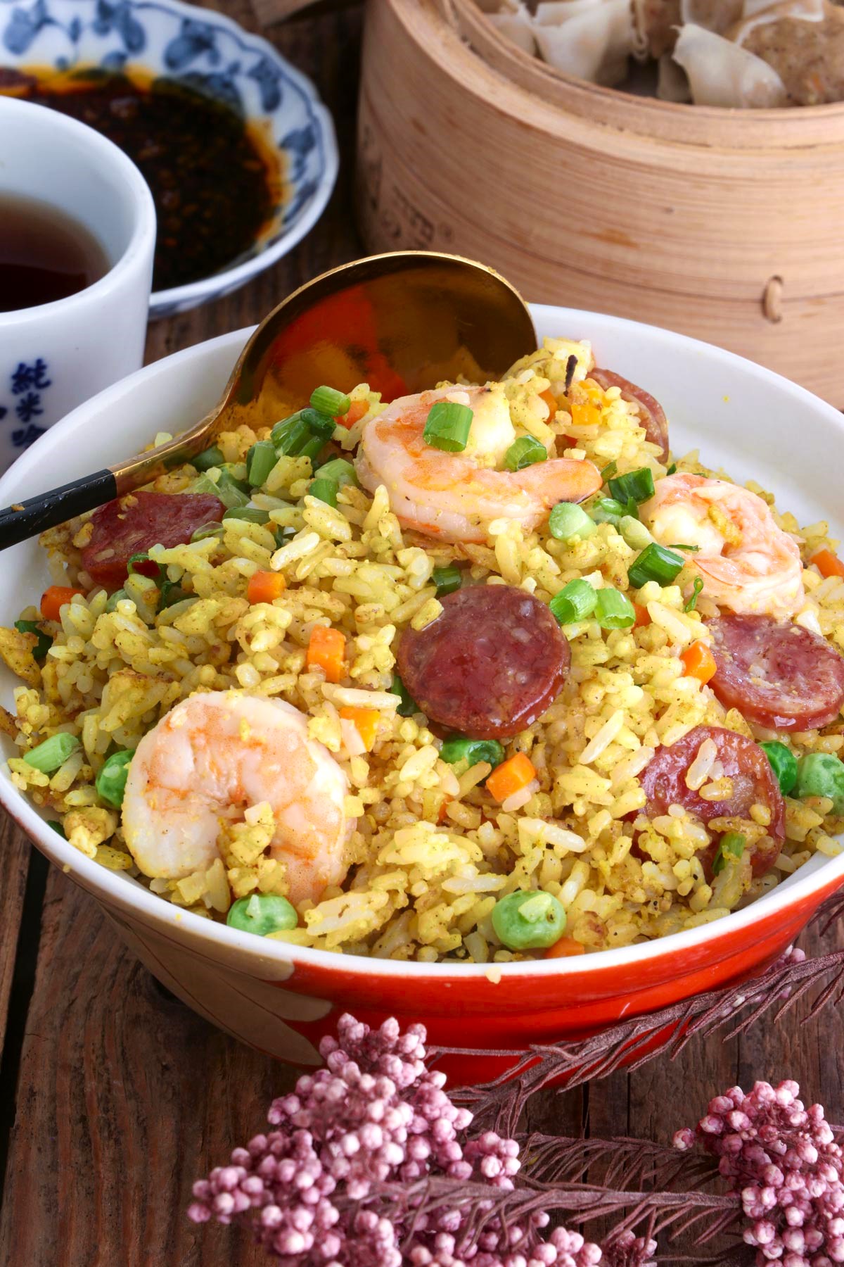 Yang Chow fried rice in a serving bowl.